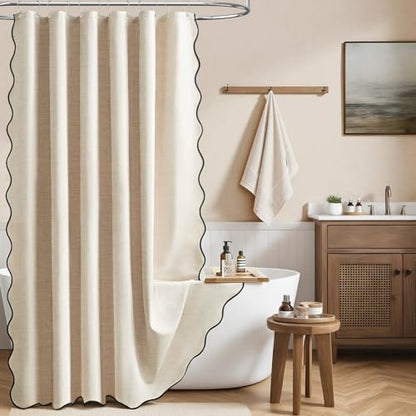 BTTN 54x78 Boho Scalloped Linen Textured Cloth Shower Curtain, Beige/Cream
