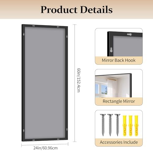 COFENY Black Bathroom Mirror for Wall, 24x60 Inch Rectangle Mirror with Metal Frame, Modern Vanity Mirrors for Bathroom Living Room, Entryway Hangs Horizontal or Vertical