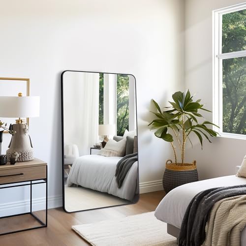 FORBATH Large Bathroom Mirror 36 x 55 Inches，Black Large Wall Mirror Aluminum Frame Wall Mounted Rounded Corner Morndern Mirror for Bathroom Bedroom Entryway Living Room