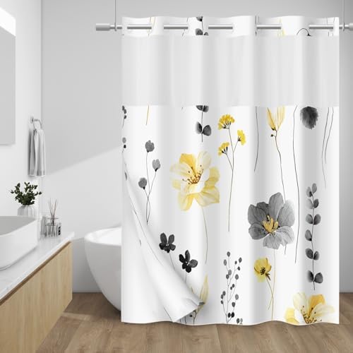 WITHLOC No Hook Floral Shower Curtain with Liner, Yellow Gray, 71x77