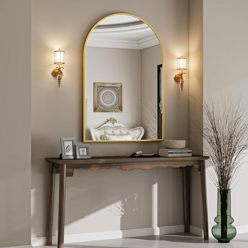 VooBang Arched Wall Mirror, 26 x 41 inch Arch Bathroom Mirror, Wall Mounted Vanity Mirror with Arch Metal Frame, Modern Bathroom Vanity Mirror for Bedroom, Living Room, Hanging or Leaning, Gold