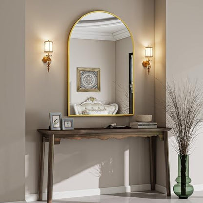VooBang Arched Wall Mirror, 26 x 41 inch Arch Bathroom Mirror, Wall Mounted Vanity Mirror with Arch Metal Frame, Modern Bathroom Vanity Mirror for Bedroom, Living Room, Hanging or Leaning, Gold