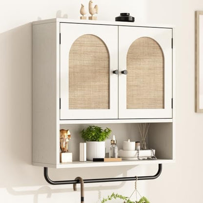 RUSTOWN Rattan Bathroom Wall Cabinet, Boho Medicine Cabinet with 2 Doors