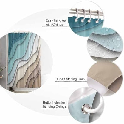 Shower Curtain Bathroom Set Teal Stripes Gradient Water Ripple Waterproof Shower Curtains with Grommets Hooks Brown Abstract Geometric Modern Art Privacy Bath Curtain for Bathtub Decor 72x78in