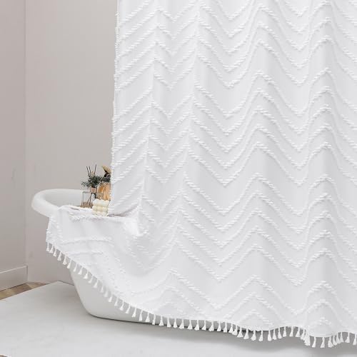 OWENIE White Fabric Shower Curtain, Boho Shower Curtains for Bathroom Chic Tufted Chevron Striped Textured with Tassel, Soft Hotel Style Farmhouse, Machine Washable, 72x78, White