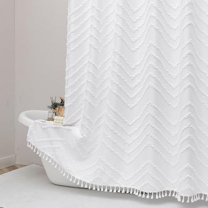 OWENIE Boho Shower Curtain, White Fabric Cloth Shower Curtains Farmhouse Tufted Chevron Striped Textured with Tassel for Bathroom, Soft Hotel Style Modern Minimalist, Machine Washable, 72x72, White