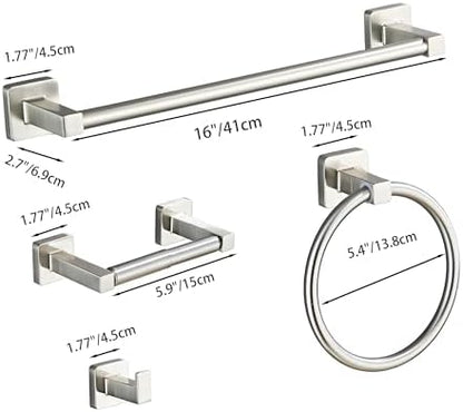 Brushed Nickel Bathroom Hardware Set 4 Pieces,Towel Bar Set Stainless Steel Wall Mounted, Includes 16In Hand Towel Bar, Towel Ring, Robe Towel Hooks,Toilet Paper Holder, Bathroom Towel Rack Set…