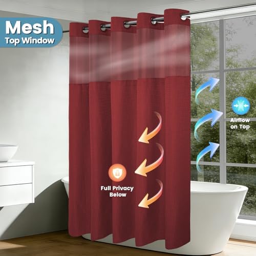 EUTXL Heavyweight Waffle No Hook Shower Curtain with Liner, Burgundy, 71x74