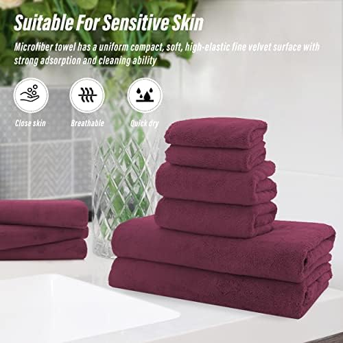 MOONQUEEN Ultra Soft Microfiber Coral Velvet Towel Set - Quick Drying, 2 Bath Towels, 2 Hand Towels, 2 Washcloths - Burgundy, 6 Pcs