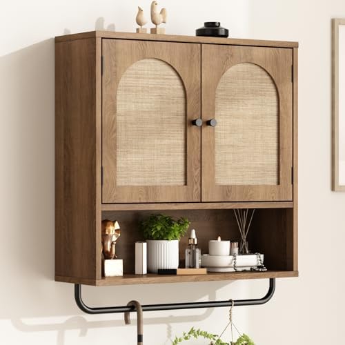 RUSTOWN Rattan Bathroom Wall Cabinet, Boho Medicine Cabinet with 2 Doors