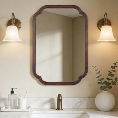 WallBeyond 22" x 30" Wood Mirror Rounded Corner Arch Wall Mirror with Wood Frame for Entryway, Living Room or Bedroom Home Decor [22" x 30" Walnut Color]