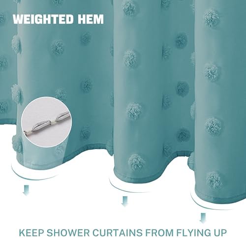 Siiluminisoy Boho Teal Shower Curtain Woven Fabric Shower Curtain, 72 x 72 Tufted Pleat Floral Puffs Textured Modern Farmhouse Minimalist Shower Curtain Set with Hooks for Bathroom