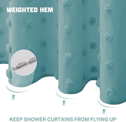 Siiluminisoy Boho Teal Shower Curtain Woven Fabric Shower Curtain, 72 x 72 Tufted Pleat Floral Puffs Textured Modern Farmhouse Minimalist Shower Curtain Set with Hooks for Bathroom