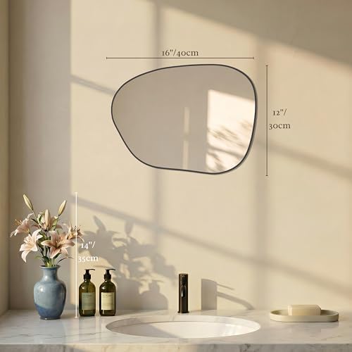 PERFNIQUE Irregular Wall Mirror Asymmetrical Mirror, 16''x12'' Small Black Mirror for Bathroom Bedroom Living Room Entryway, Decorative Modern Wall Decor, Wall Mounted (Black, 16''x12'')
