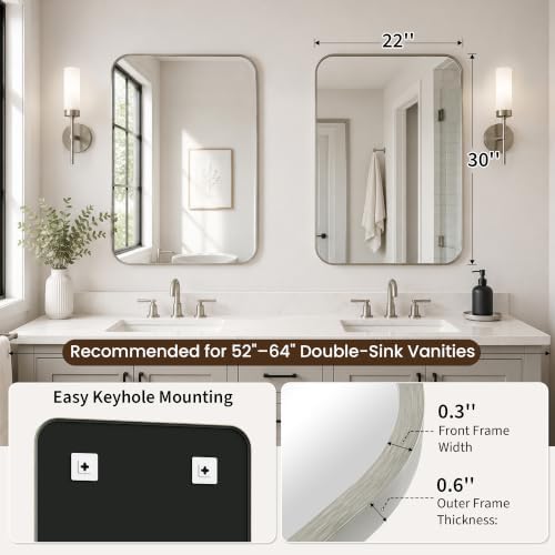 2-Pack 22x30 Inch Brushed Nickel Rounded Rectangle Vanity Mirrors