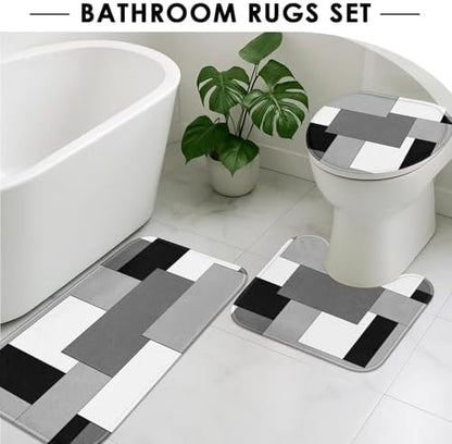 Bathroom Sets with Shower Curtain and Rugs, 4 Pcs, Checkered
