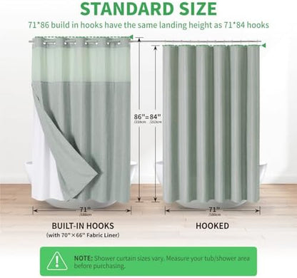 eachope No Hook Fabric Shower Curtain with Snap-in Liner,71x86 Sage Green