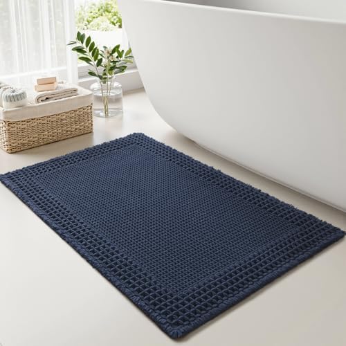 RESARE Waffle Bath Mat for Bathroom, Non Slip Bathroom Rugs 20"x32" Navy