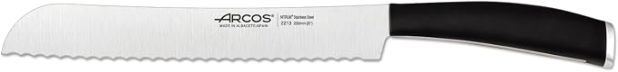 Arcos Bread Knife 8 Inch Nitrum Stainless Steel and 200 mm blade. Obtain a great variety of cuts for your food. Ideal knife for daily domestic use. Series Tango. Color Black