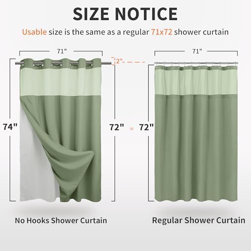 RiverDream Heavyweight Waffle No Hook Shower Curtain with Liner,Green,71x74