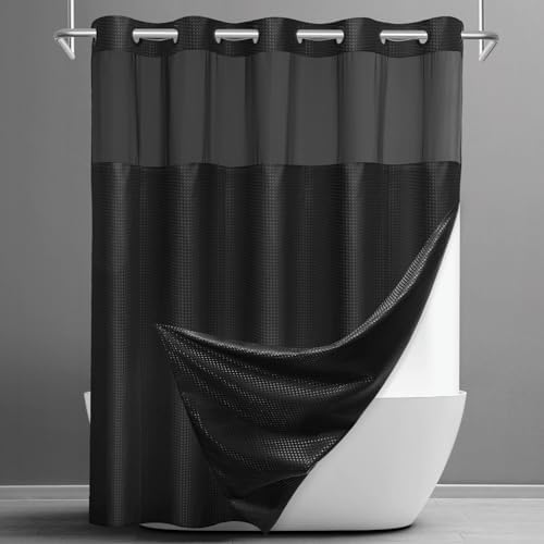 SORTTO No Hook Waffle Shower Curtain with Snap in Liner Set, 71x80, Black