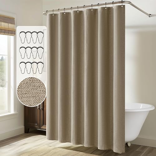 MIULEE 72 x 84 Extra Long Linen Shower Curtain Khaki 12 Metal Hooks