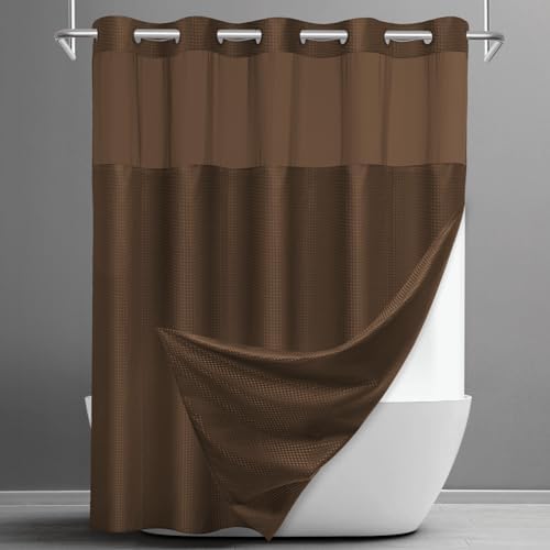 SORTTO No Hook Waffle Shower Curtain with Snap in Liner Set, 71x74, Brown