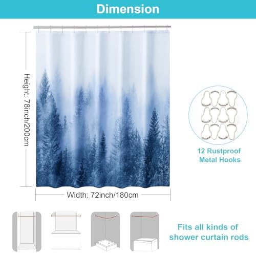 ORTIGIA 78 Inch Blue Misty Forest Shower Curtain for Bathroom, Nature Woodland Shower Curtain Set with Hooks, Decorative Pine Tree Fog Magic Bath Curtain, Waterproof Fabric, Weighted, 72x78