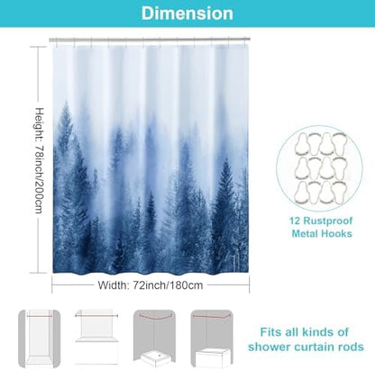ORTIGIA 78 Inch Blue Misty Forest Shower Curtain for Bathroom, Nature Woodland Shower Curtain Set with Hooks, Decorative Pine Tree Fog Magic Bath Curtain, Waterproof Fabric, Weighted, 72x78