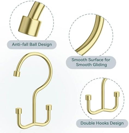 Goowin Shower Curtain Hooks, Shower Curtain Rings, Durable Gold Shower Curtain Hangers, Smooth Glide Double Hook Shower Curtain Hooks, Simple Shower Hooks for Shower Curtain, Gold, 12 Pack-Cylinders