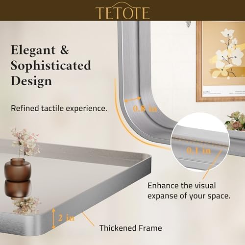 TETOTE Silver Bathroom Mirror, 36 x 36 Inch Wall Mounted Square Brushed Nickel Metal Framed Modern Farmhouse Decorative Vanity Mirror for Living Room Entryway