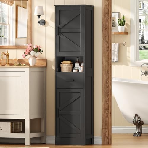 TEENFON 67" H Tall Bathroom Storage Cabinet with Barn Doors and Drawer