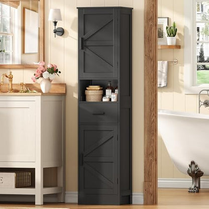 TEENFON 67" H Tall Bathroom Storage Cabinet with Barn Doors and Drawer