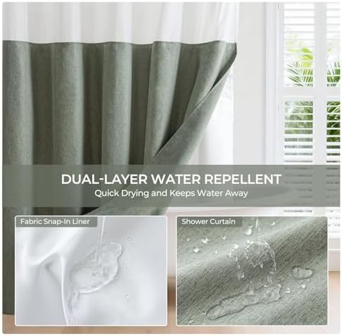 River Dream Linen Textured No Hooks Shower Curtain with Liner,Green,71x74