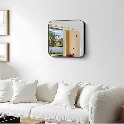 Black Bathroom Mirror, 18 x 18 inch Square Mirrors for Wall, Metal Frame Rounded Corner Vanity Mirror for Over Sinks Modern Bedroom Living Room Horizontal Or Vertical Mounting