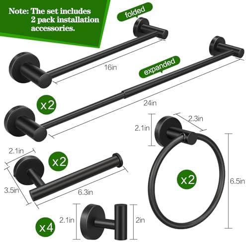 10pcs Matte Black Retractable Bathroom Hardware Set,