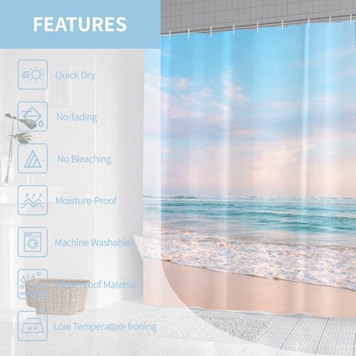 Ocean Beach Coastal Seaside Shower Curtain for Bathroom 60W*72H Inch Nautical Summer Seacoast Beachy Waves Bathtub Decor Seascape Nature Waterproof Polyester Fabric Set with 12 Hooks(10 Holes)