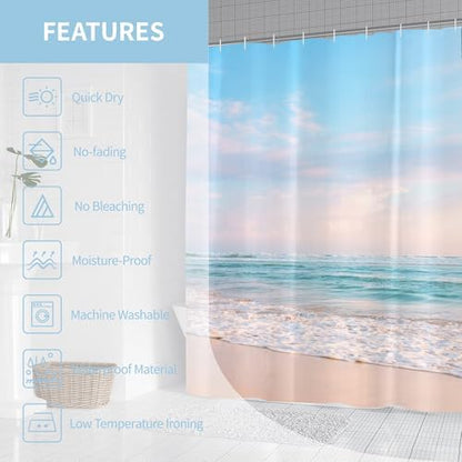 Ocean Beach Coastal Seaside Shower Curtain for Bathroom 60W*72H Inch Nautical Summer Seacoast Beachy Waves Bathtub Decor Seascape Nature Waterproof Polyester Fabric Set with 12 Hooks(10 Holes)