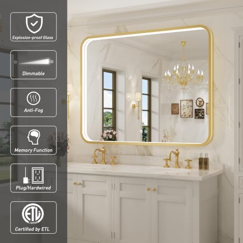 43X36 Inch Gold Framed LED Lighted Bathroom Mirror