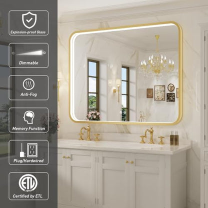 43X36 Inch Gold Framed LED Lighted Bathroom Mirror