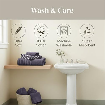 Modern Threads 6 Piece Bath Towel Set – Bathroom Set with 2 Bath Towels, 2 Hand Towels, and 2 Wash Cloths – 100% Cotton, Super Absorbent & Extra Soft – Reversible Classic Diamond (Purple)