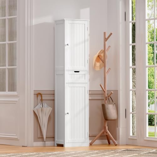 Iwell 66.9" Tall Bathroom Cabinet, Storage Cabinet with 2 Doors & 1 Drawer, Bathroom Storage Cabinets with Adjustable Shelves, for Living Room, Entryway, Home Office, White