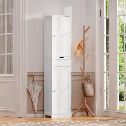Iwell 66.9" Tall Bathroom Cabinet, Storage Cabinet with 2 Doors & 1 Drawer, Bathroom Storage Cabinets with Adjustable Shelves, for Living Room, Entryway, Home Office, White