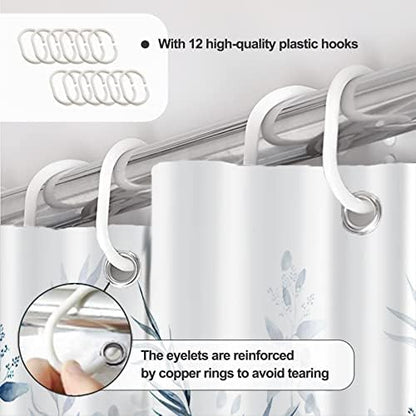 AWERT Shower Curtain Plants for Bathroom,Waterproof Quick-Drying Blue Leaves Shower Curtain Set with Hooks 72x72 Inch