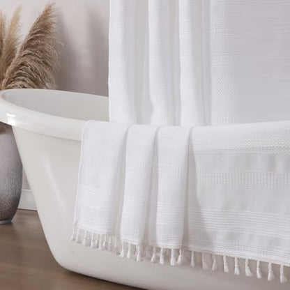 OVZME White Boho Shower Curtain 72 Inch Long, Modern Farmhouse Rustic Striped Fabric Shower Curtain with Tassel, Heavy Duty Vintage Country Bathroom Decoration, 72Wx72L Inches