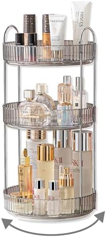 Asayuee 360 Rotating Makeup Organizer,3 Tier Large Capacity Make Up Organizers and Storage,Makeup Organizer for Bathroom,Cosmetic Perfume Stand Organizer(Grey-3 Tier)