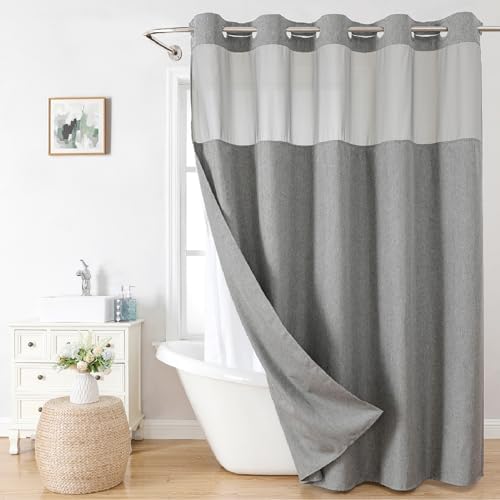 eachope No Hook Linen Texture Shower Curtain with Snap-in Liner,71x74 Gray