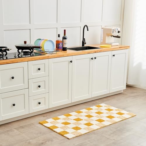 CozeCube Harvest Gold Checkered Bath Mat 47"x24" Non Slip Washable Rug