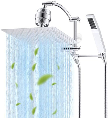 Hibbent All Metal 12'' Filtered Rainfall Shower Head with Handheld Combo, High Pressure Shower Wand, 16'' Adjustable Arc Extension Arm, 20 Stage Shower Filter, 71'' Hose, Shower Head Holder, Chrome