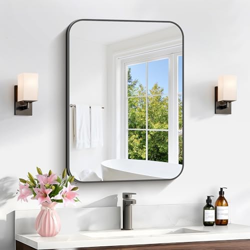 Bathroom Mirror, 18 x 24 inch Metal Framed Black Rectangle Mirror, Rounded Corner Rectangular Vanity Mirror, Wall Mounted Mirror for Modern Bedroom Living Room Hangs Horizontal or Vertical